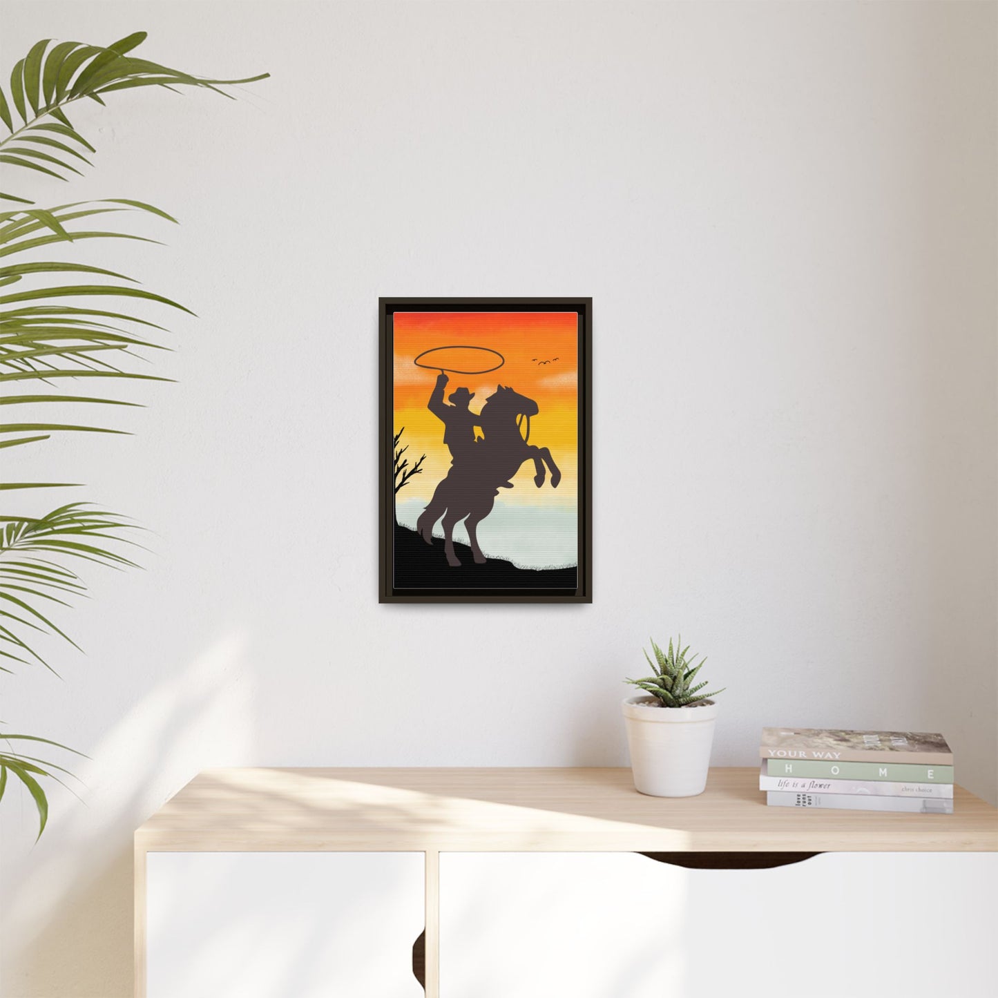 Framed Canvas Art Print Western Home Decor Rustic Wall Art Gift for Cowgirl or Cowboy Country Housewarming Rodeo Home Decor Cowboy Sunset