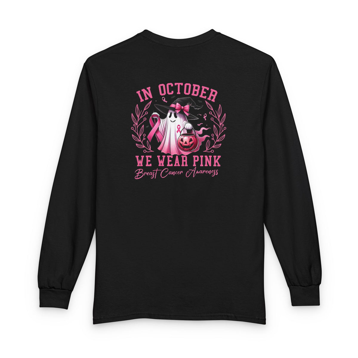 Breast Cancer Awareness Long Sleeve Tee — "In October We Wear Pink" Cow Design