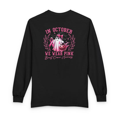 Breast Cancer Awareness Long Sleeve Tee — "In October We Wear Pink" Cow Design