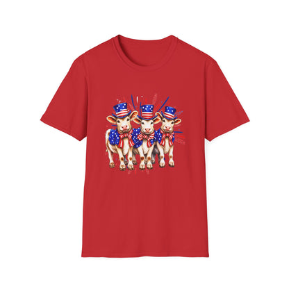 American Patriotic Cows T-Shirt — 4th of July Cow Trio in Uncle Sam Hats