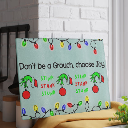Glass Cutting Board — "Don't Be a Grouch, Choose Joy" Holiday Cutting Board (Grinch Lights Design)