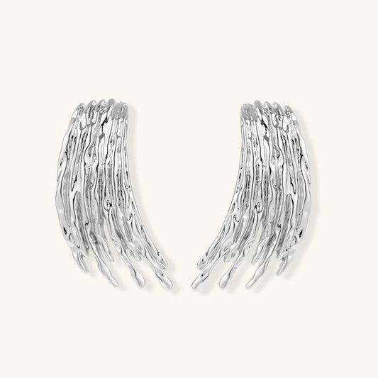 Silver-toned earrings with flowing liquid-like strands cascading downward, made from eco-zinc alloy with S925 posts