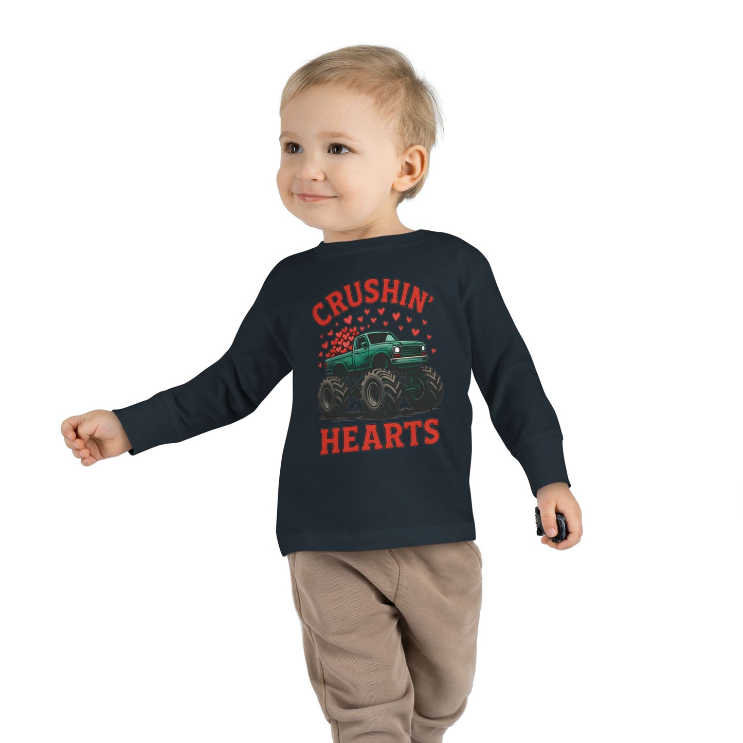 Toddler Long Sleeve Tee — "Crushin' Hearts" Monster Truck Valentine Shirt