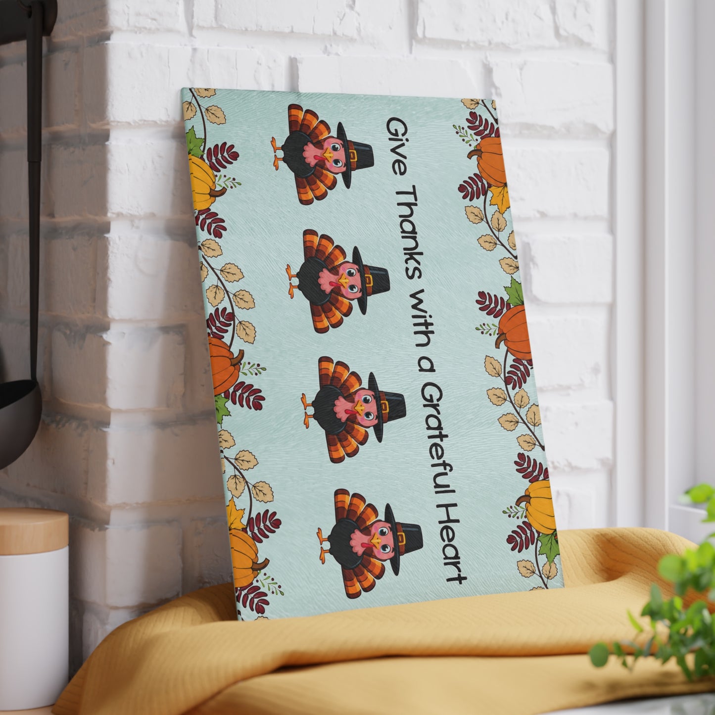 Thanksgiving Glass Cutting Board – "Give Thanks with a Grateful Heart" Turkey Design