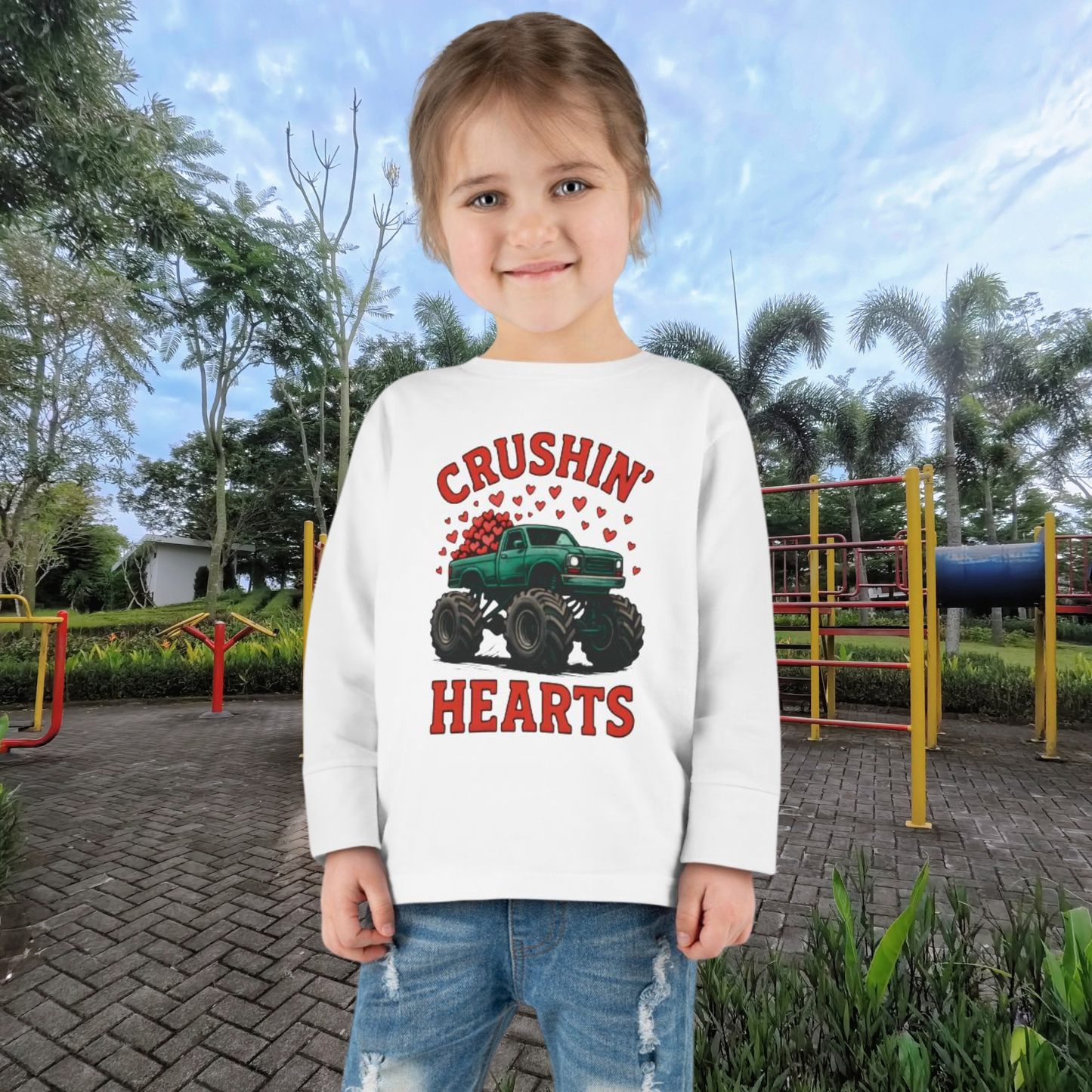 Toddler Long Sleeve Tee — "Crushin' Hearts" Monster Truck Valentine Shirt