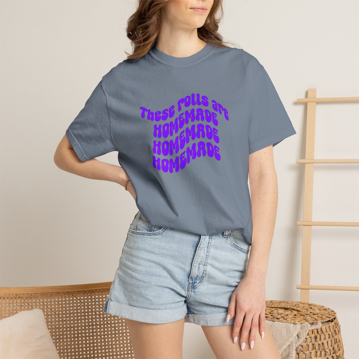 T-Shirt — "These Rolls Are Homemade" Retro Wavy Text Graphic Tee