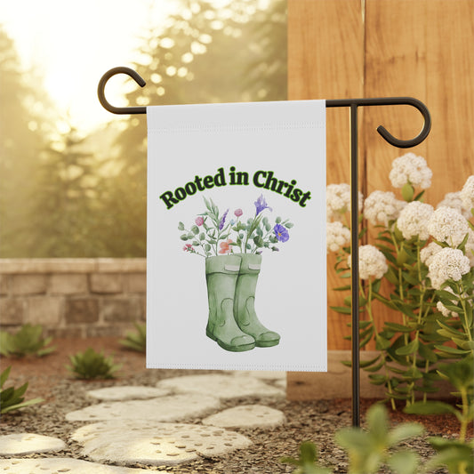 Rooted in Christ Garden Flag — Floral Rainboot Christian Yard Banner