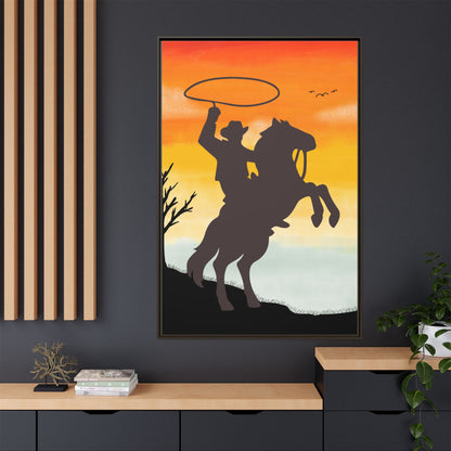 Framed Canvas Art Print Western Home Decor Rustic Wall Art Gift for Cowgirl or Cowboy Country Housewarming Rodeo Home Decor Cowboy Sunset