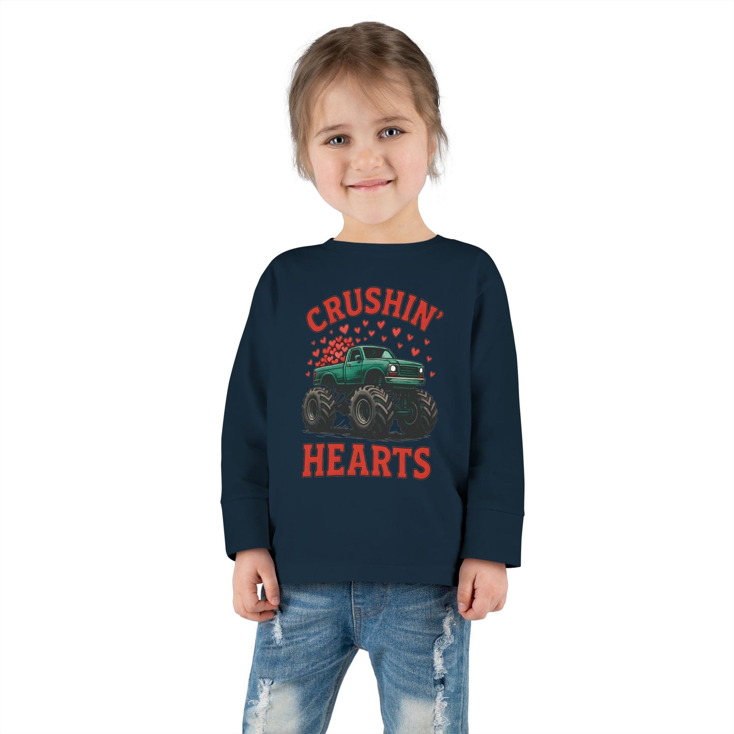Toddler Long Sleeve Tee — "Crushin' Hearts" Monster Truck Valentine Shirt
