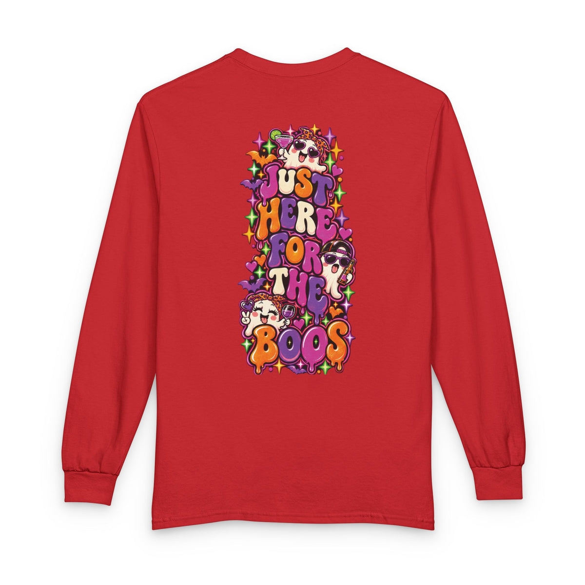 Halloween Long Sleeve Tee — "Just Here for the Boos" Ghost Party Shirt