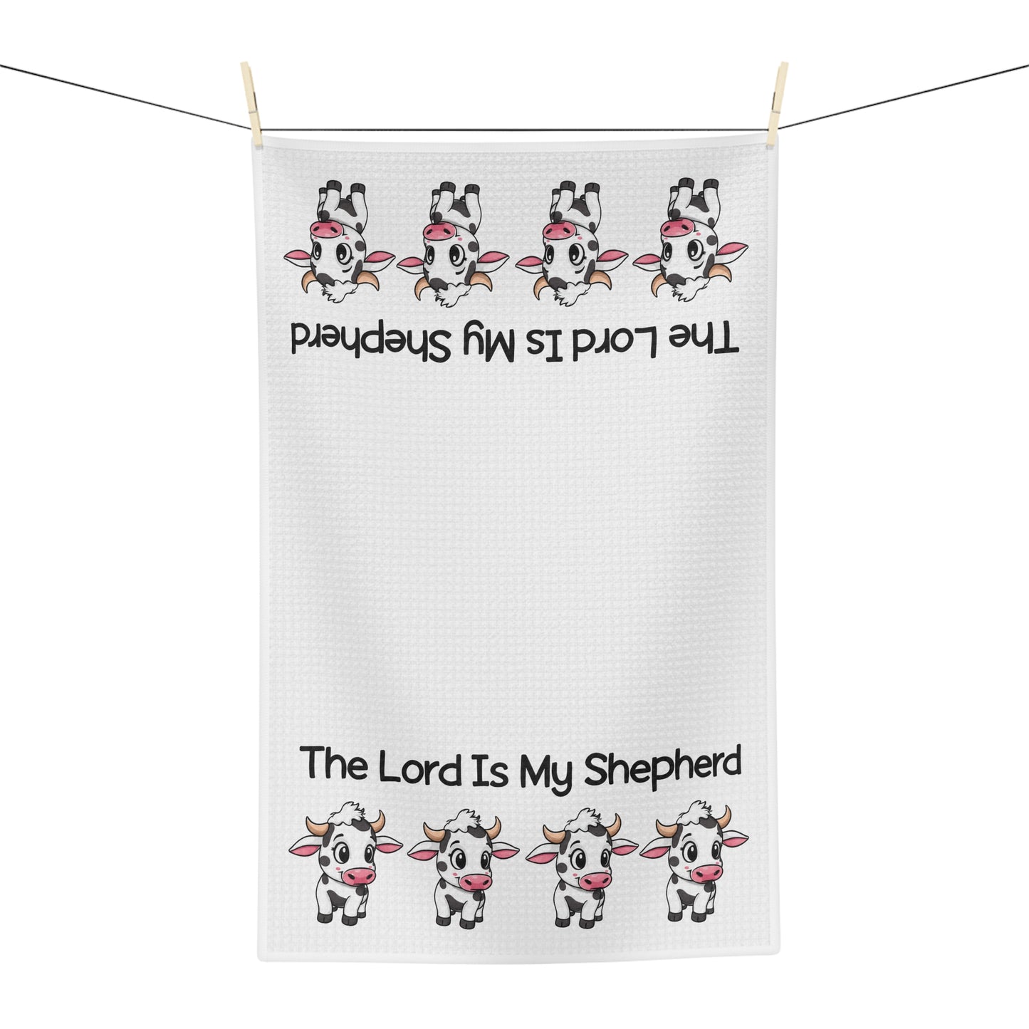 Tea Towel — "The Lord Is My Shepherd" Cute Cow Devotional Kitchen Towel