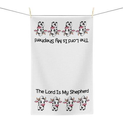 Tea Towel — "The Lord Is My Shepherd" Cute Cow Devotional Kitchen Towel