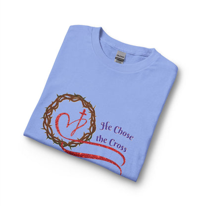 Long Sleeve Tee “He Chose the Cross” Christian Crown of Thorns Heart Design