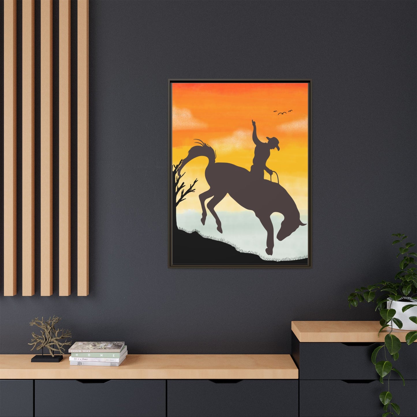 Framed Cowboy Sunset Canvas Art Equestrian Decor Farmhouse Wall Art Rustic Home Decoration Gift for Horse Lovers Rodeo Decor Housewarming Gift