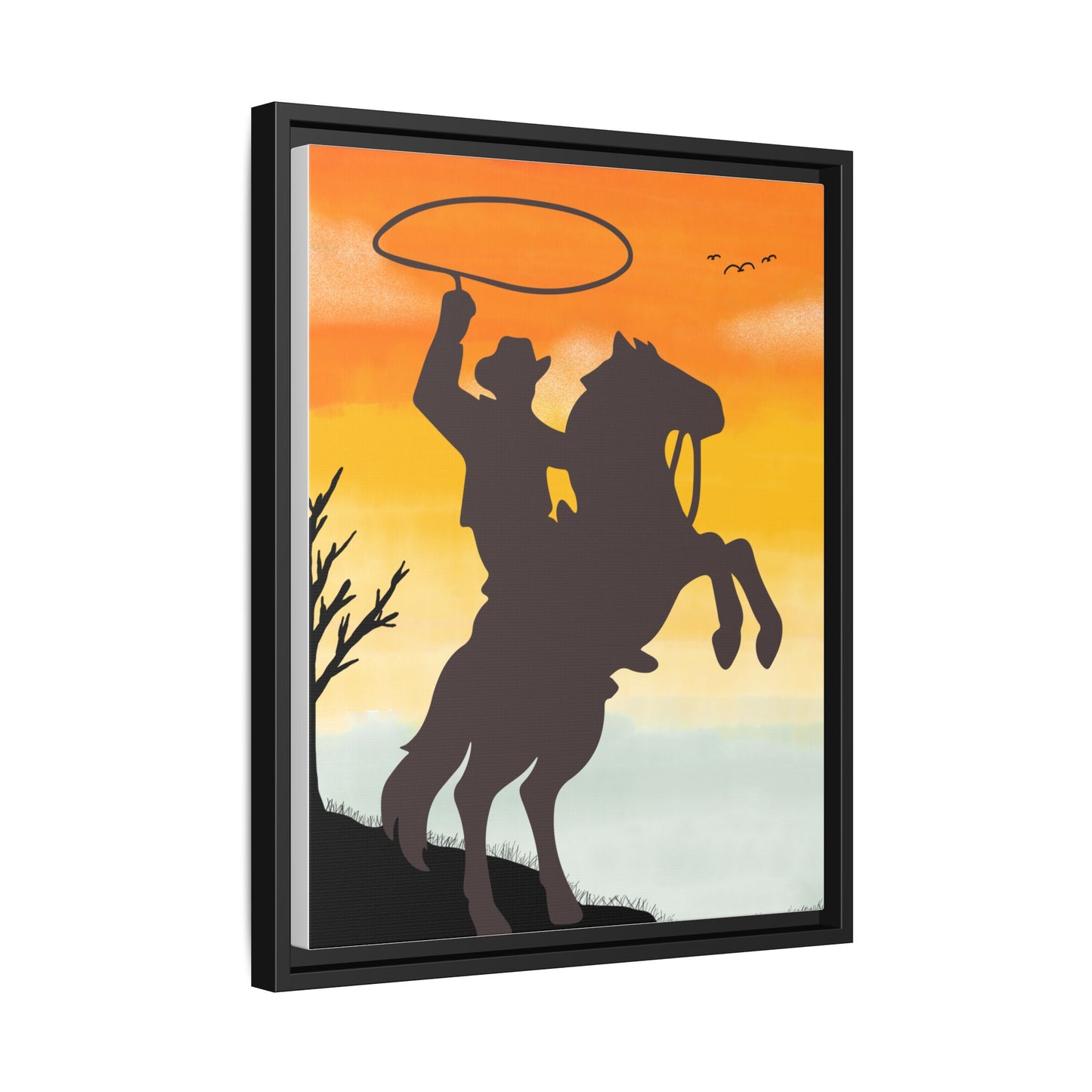 Framed Canvas Art Print Western Home Decor Rustic Wall Art Gift for Cowgirl or Cowboy Country Housewarming Rodeo Home Decor Cowboy Sunset