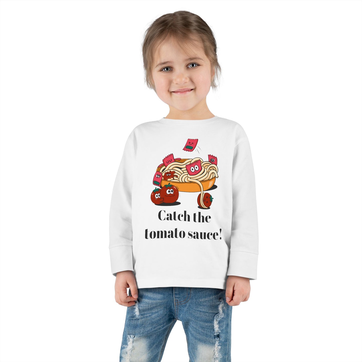 T-Shirt Cute Food-Themed Toddler Long Sleeve Tee Catch the Tomato Sauce Shirt Kids Foodie Apparel Fun Playdate Outfit Perfect for Birthdays