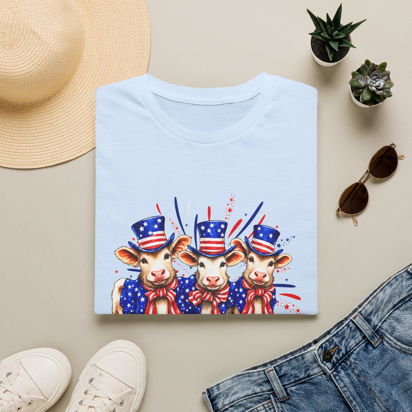 American Patriotic Cows T-Shirt — 4th of July Cow Trio in Uncle Sam Hats