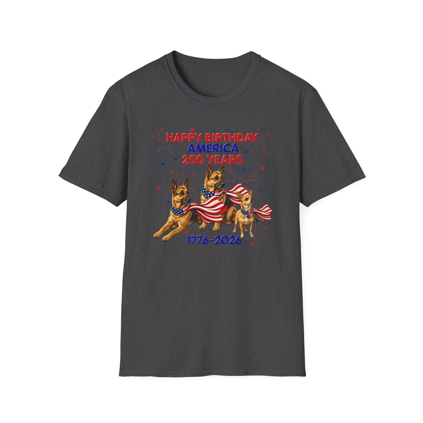 1776–2026 Happy Birthday America T-Shirt — 250 Years Patriotic Flag Dogs Tee