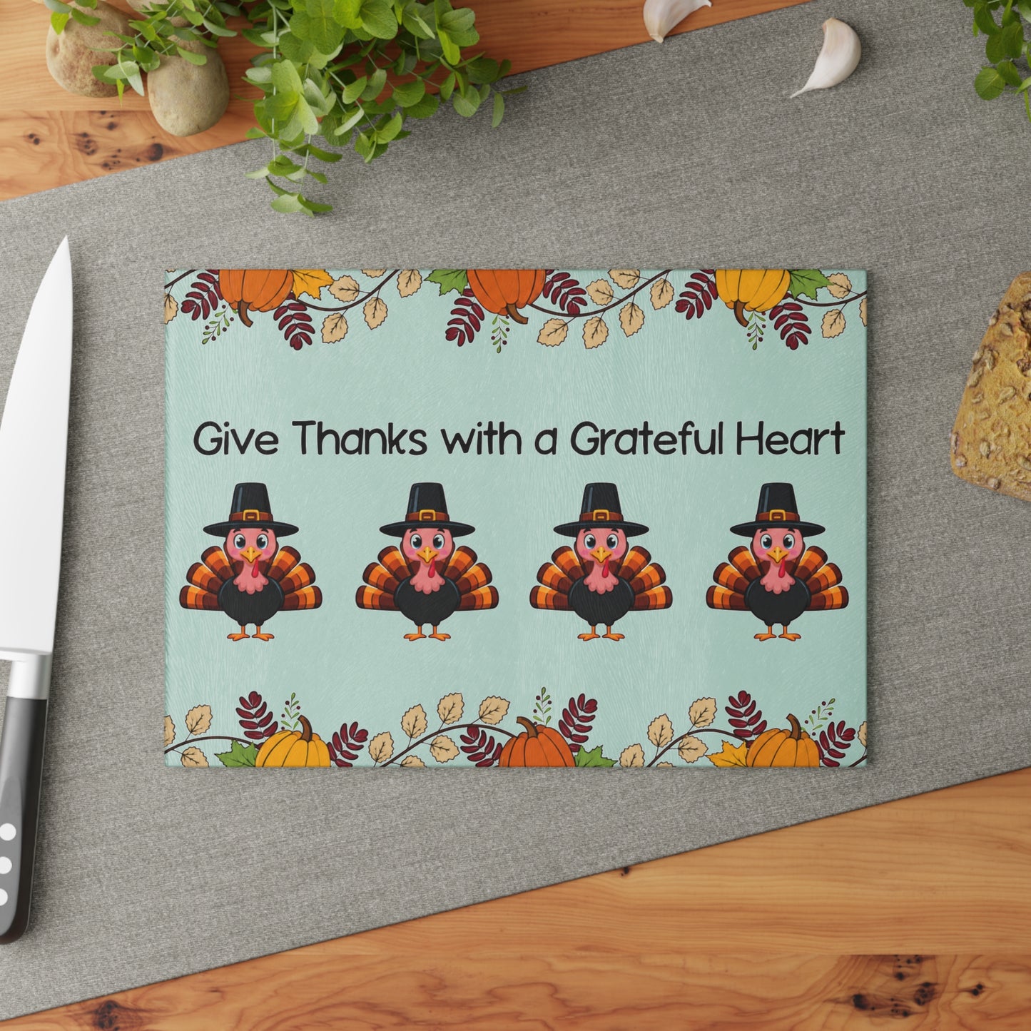 Thanksgiving Glass Cutting Board – "Give Thanks with a Grateful Heart" Turkey Design