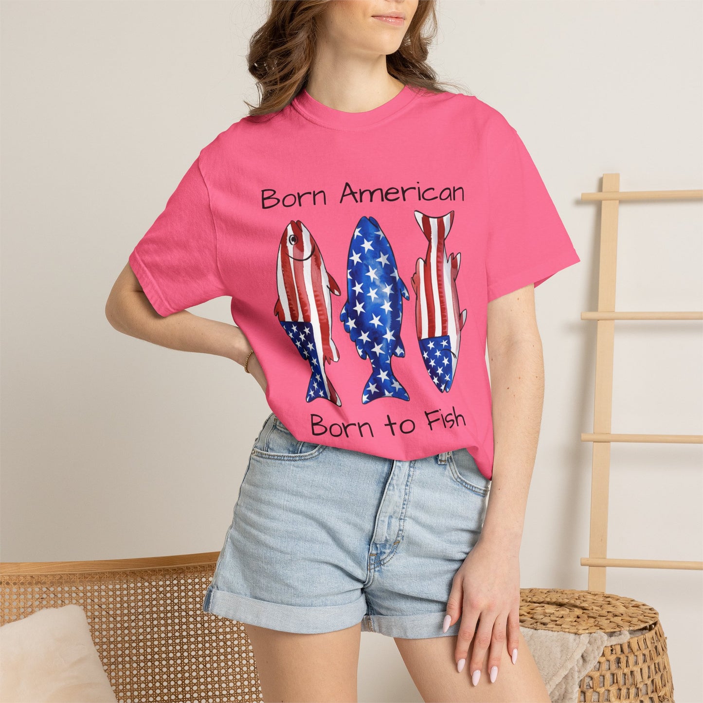 T-Shirt — "Born American Born to Fish" Patriotic Fishing Tee