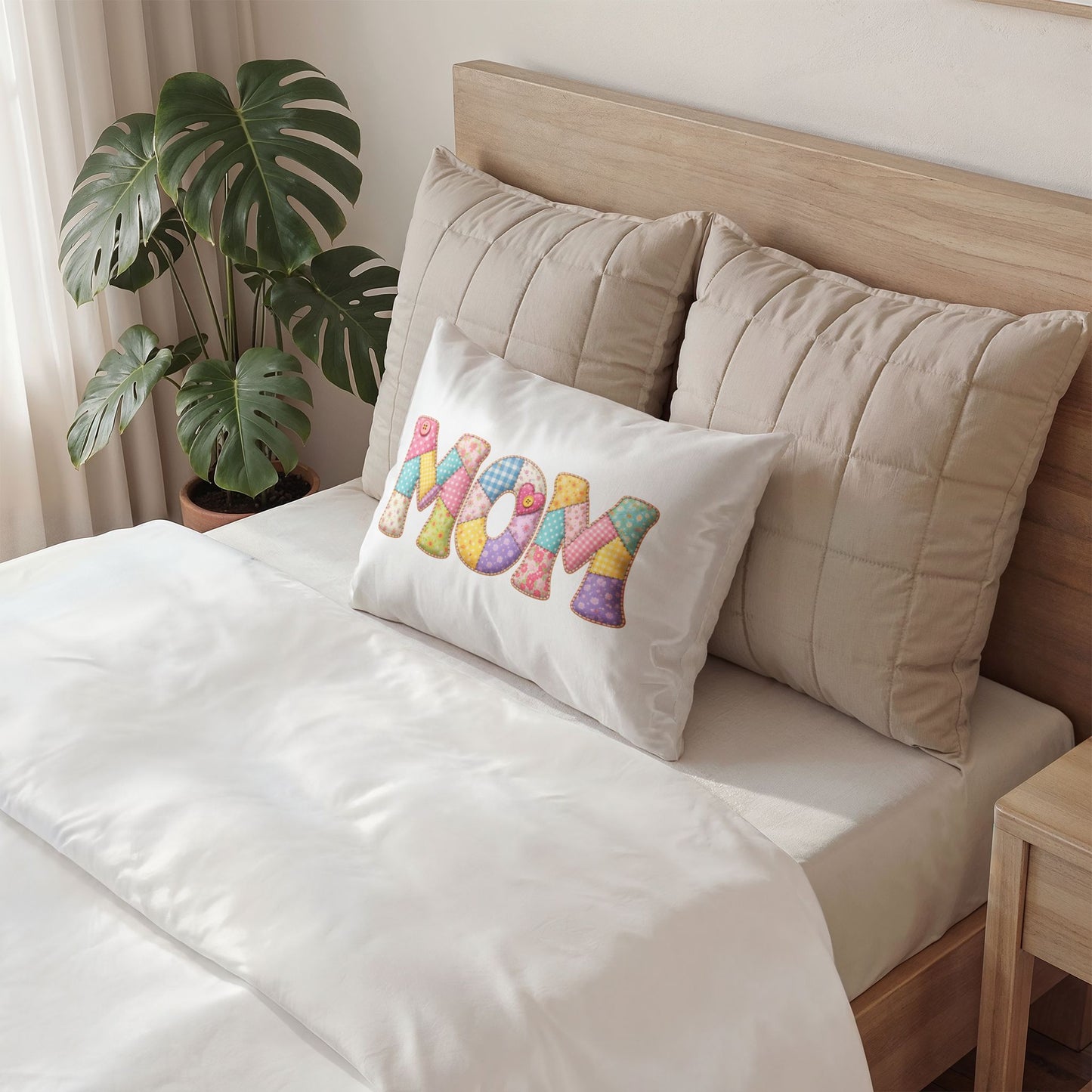 Mom Patchwork Pillow Sham — Floral Quilted 'MOM' Decorative Pillowcase for Mother's Day