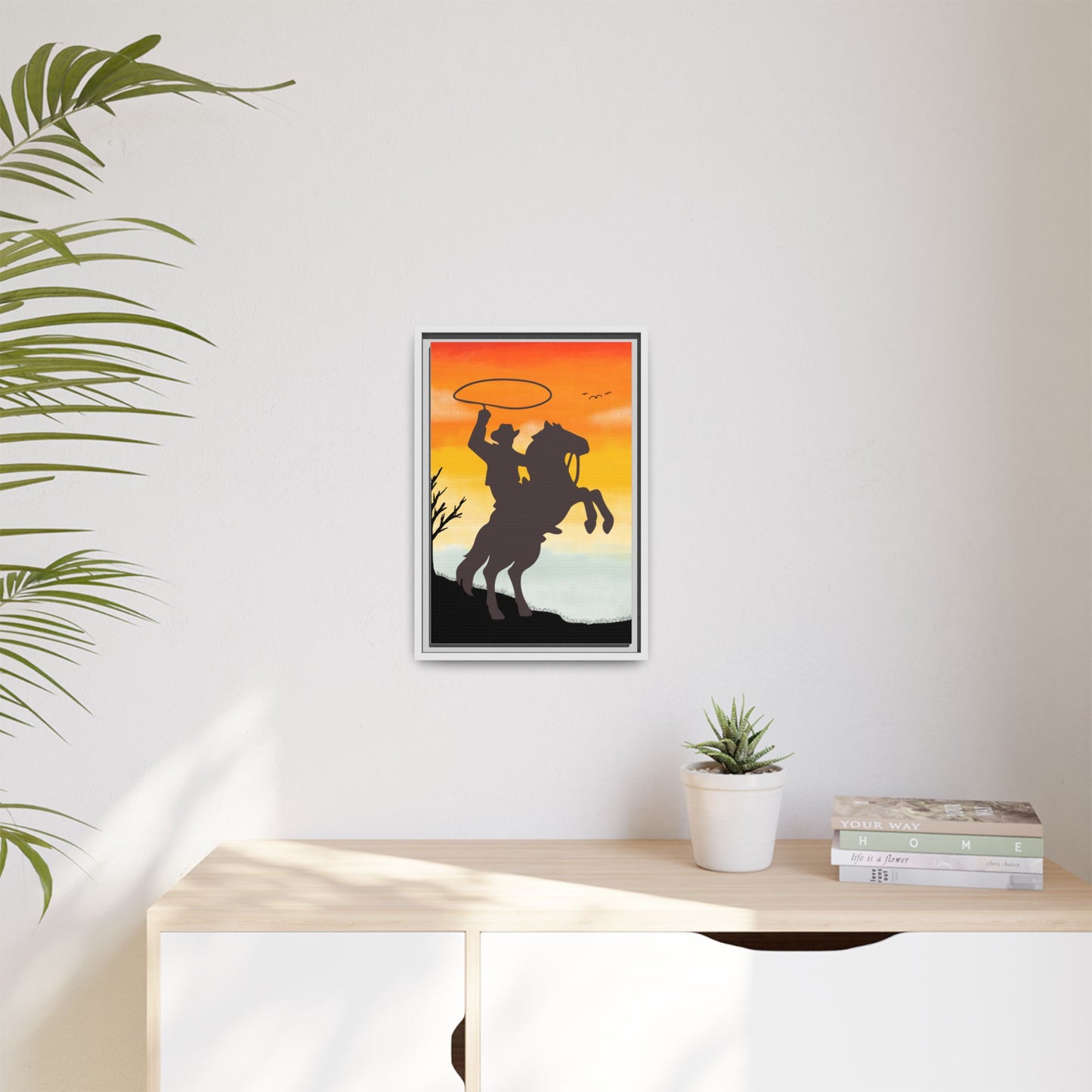 Framed Canvas Art Print Western Home Decor Rustic Wall Art Gift for Cowgirl or Cowboy Country Housewarming Rodeo Home Decor Cowboy Sunset
