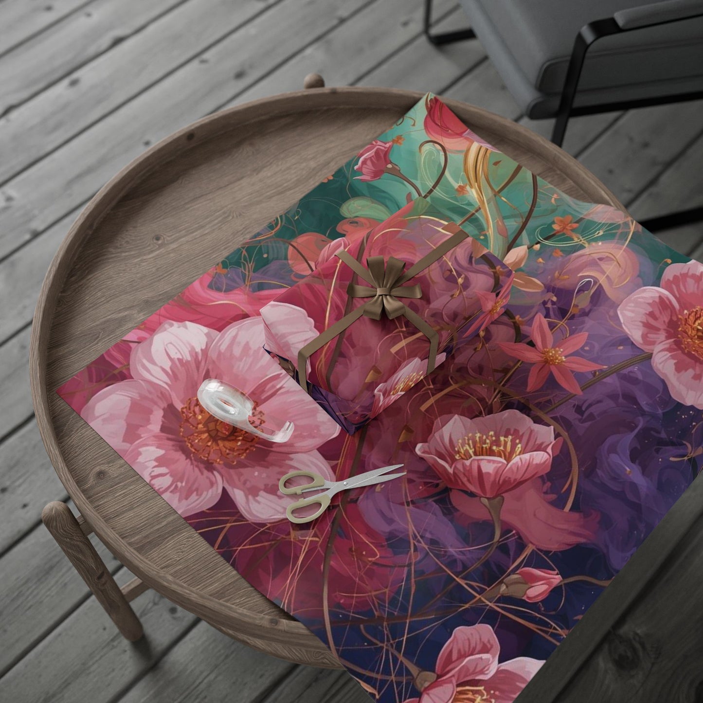 Floral Watercolor Wrapping Paper Roll — Pink Rose & Mint Gift Wrap