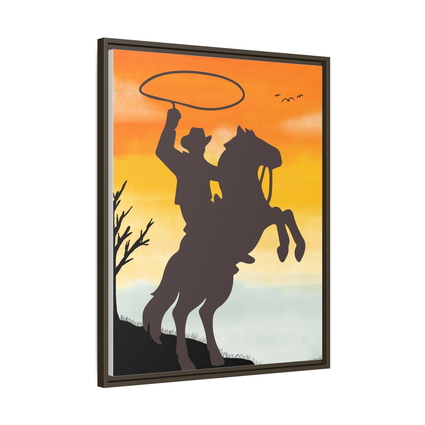 Framed Canvas Art Print Western Home Decor Rustic Wall Art Gift for Cowgirl or Cowboy Country Housewarming Rodeo Home Decor Cowboy Sunset