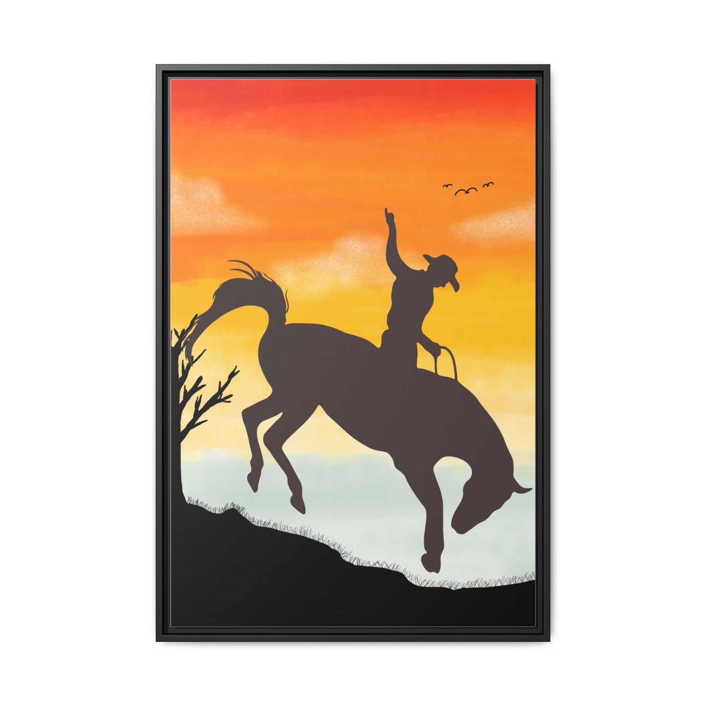 Framed Cowboy Sunset Canvas Art Equestrian Decor Farmhouse Wall Art Rustic Home Decoration Gift for Horse Lovers Rodeo Decor Housewarming Gift