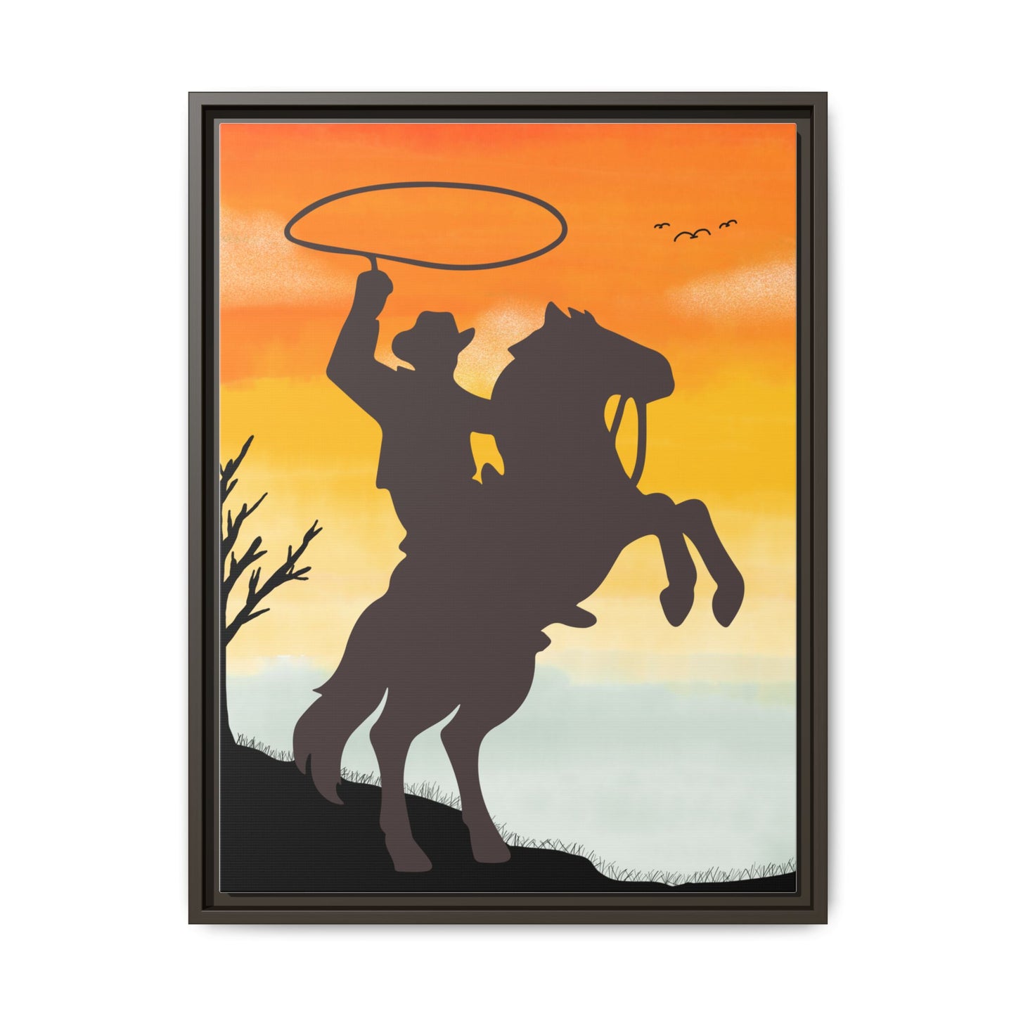 Framed Canvas Art Print Western Home Decor Rustic Wall Art Gift for Cowgirl or Cowboy Country Housewarming Rodeo Home Decor Cowboy Sunset