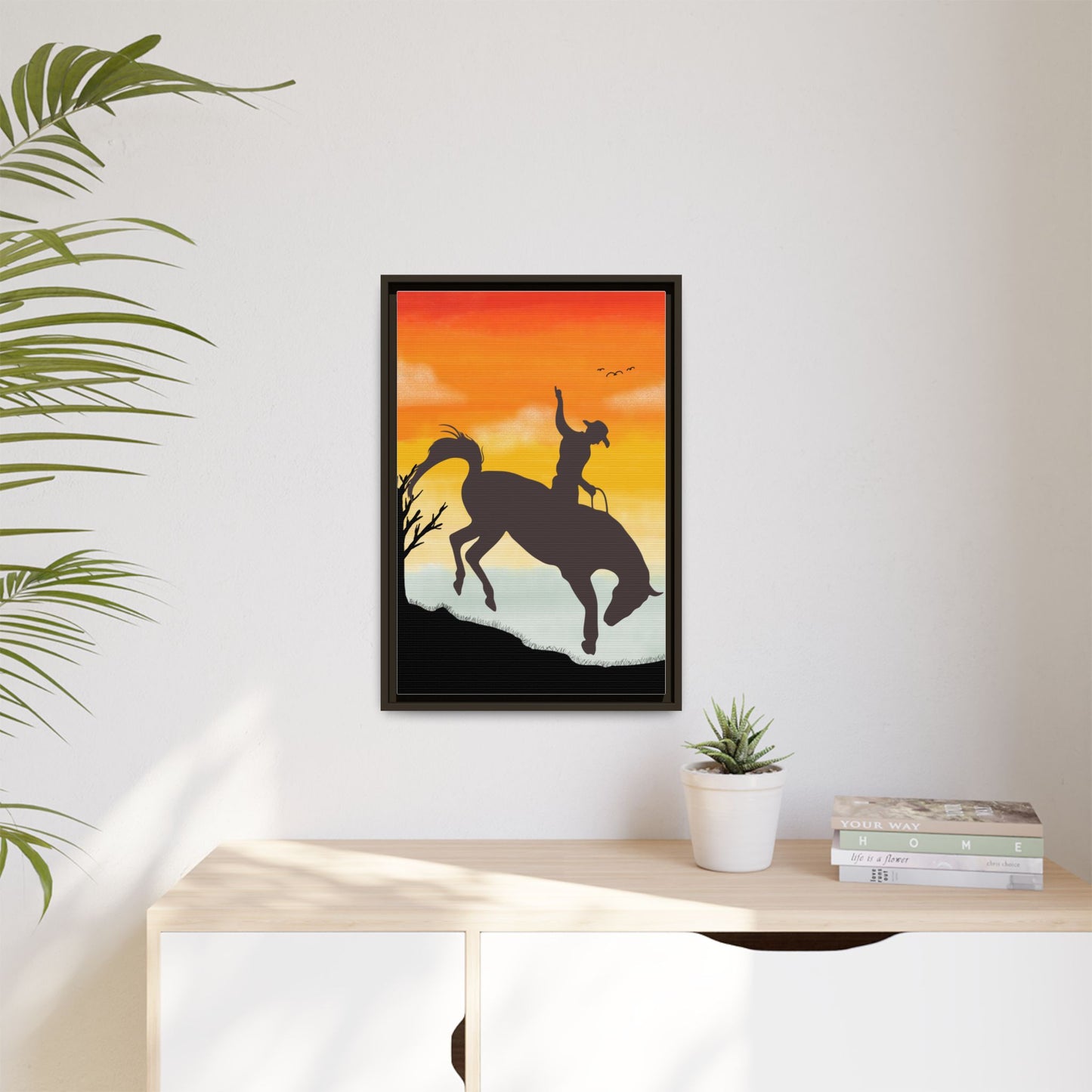 Framed Cowboy Sunset Canvas Art Equestrian Decor Farmhouse Wall Art Rustic Home Decoration Gift for Horse Lovers Rodeo Decor Housewarming Gift