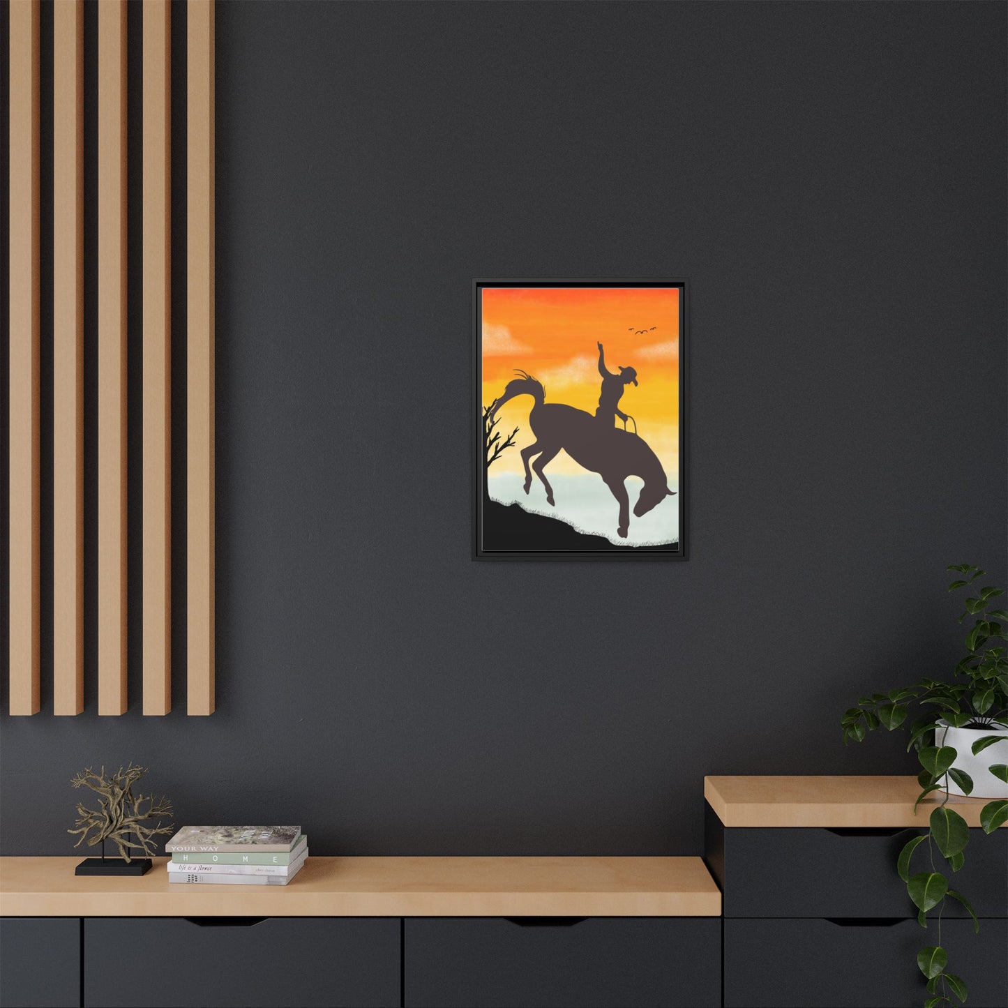 Framed Cowboy Sunset Canvas Art Equestrian Decor Farmhouse Wall Art Rustic Home Decoration Gift for Horse Lovers Rodeo Decor Housewarming Gift