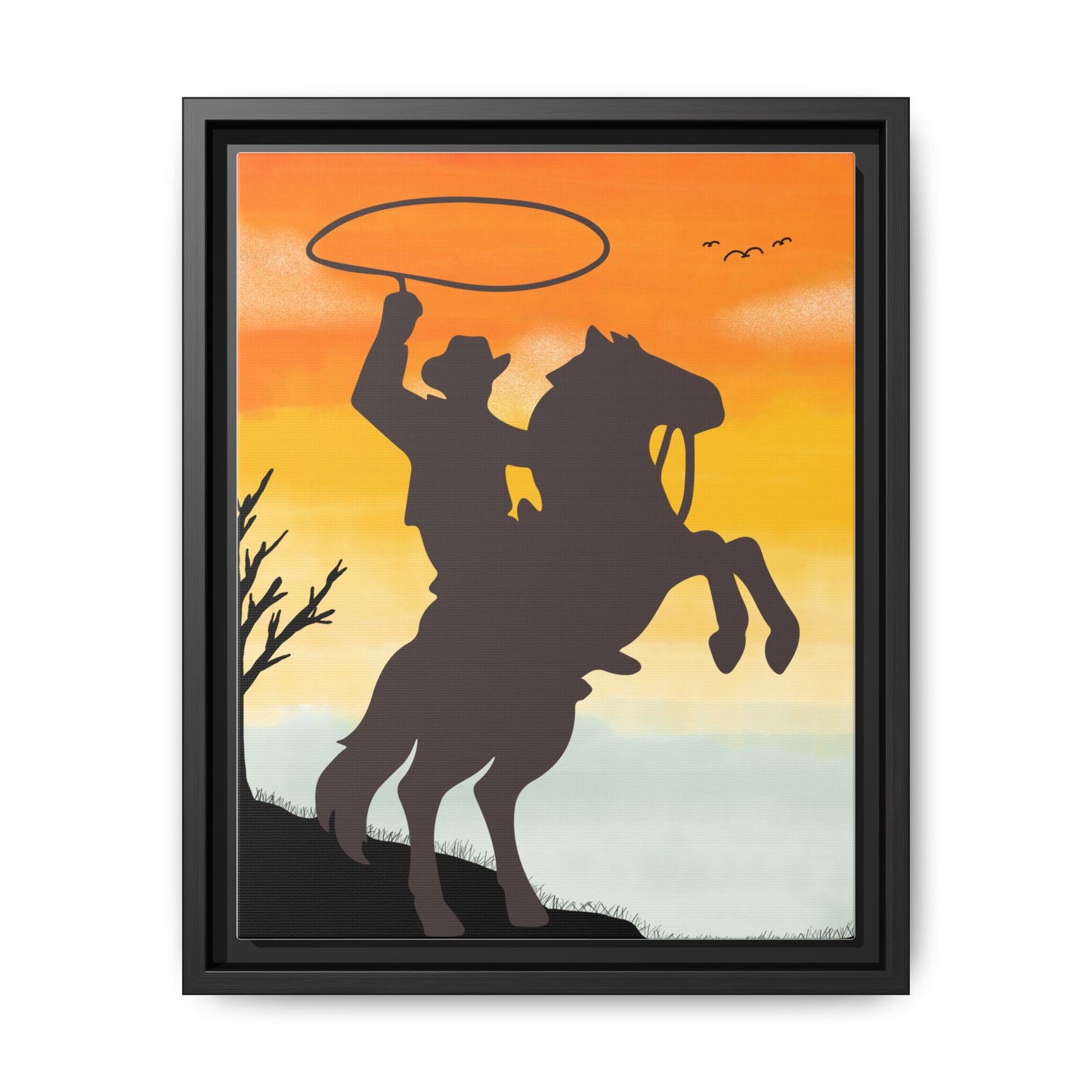 Framed Canvas Art Print Western Home Decor Rustic Wall Art Gift for Cowgirl or Cowboy Country Housewarming Rodeo Home Decor Cowboy Sunset