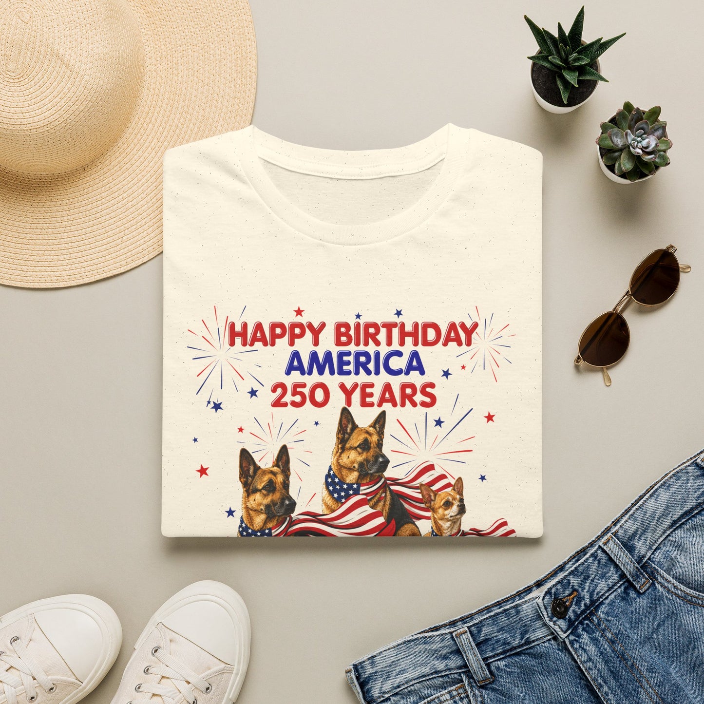 1776–2026 Happy Birthday America T-Shirt — 250 Years Patriotic Flag Dogs Tee