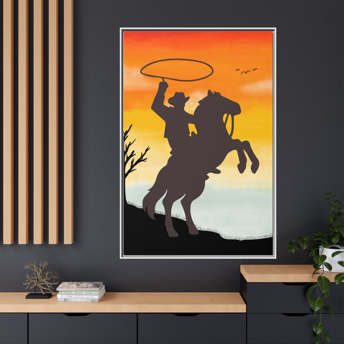 Framed Canvas Art Print Western Home Decor Rustic Wall Art Gift for Cowgirl or Cowboy Country Housewarming Rodeo Home Decor Cowboy Sunset