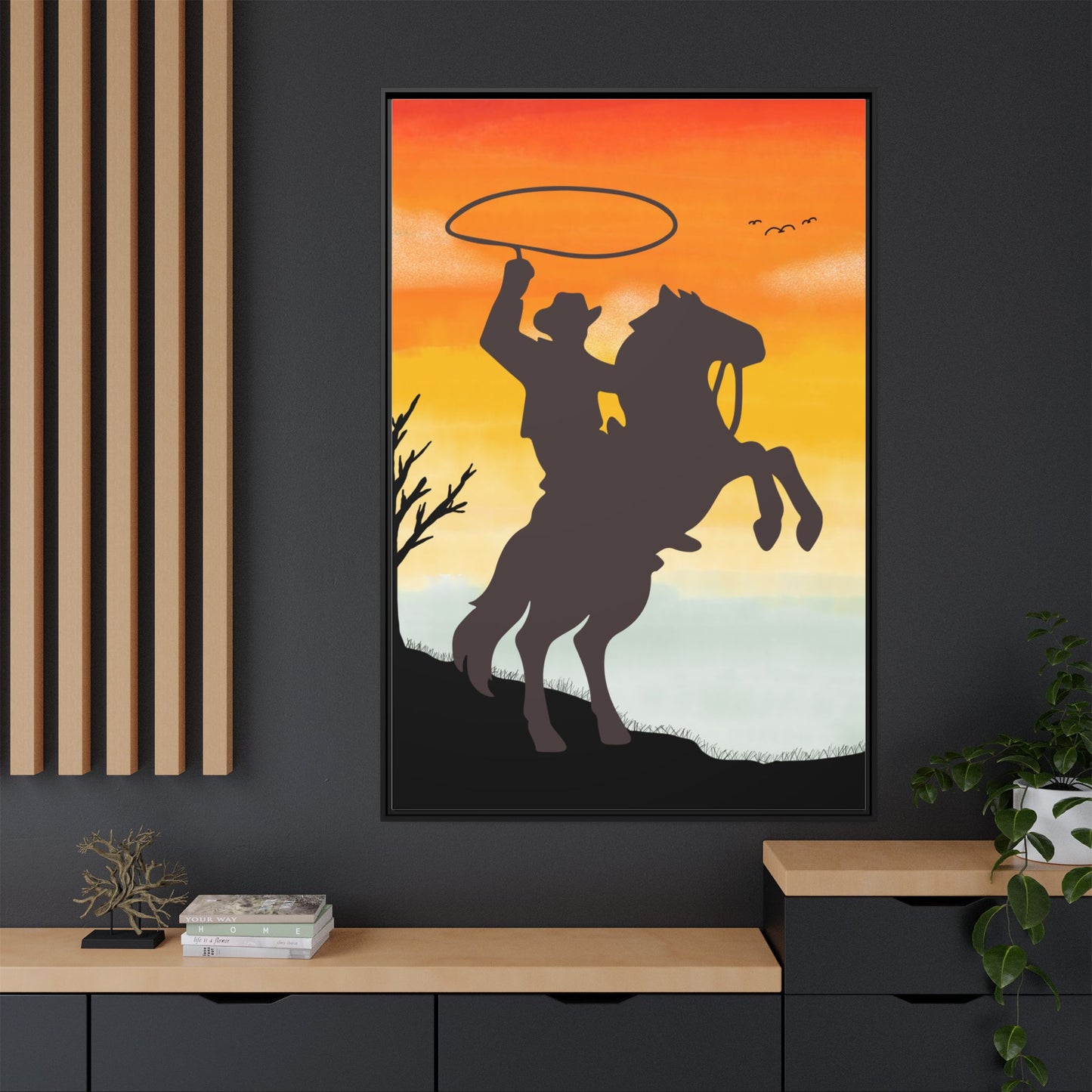 Framed Canvas Art Print Western Home Decor Rustic Wall Art Gift for Cowgirl or Cowboy Country Housewarming Rodeo Home Decor Cowboy Sunset