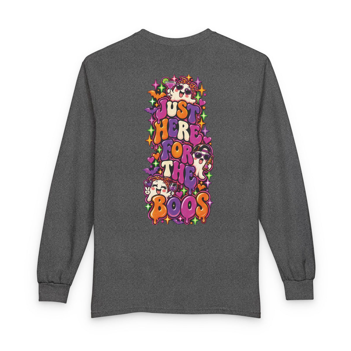 Halloween Long Sleeve Tee — "Just Here for the Boos" Ghost Party Shirt