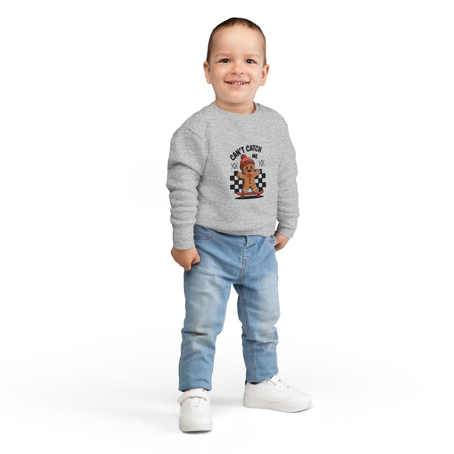 T-Shirt Playful Toddler Sweatshirt with 'Can’t Catch Me' Design Cute Kids Outfit Fun Holiday Gift Cozy Fall Wear Cheeky Gingerbread Sweater