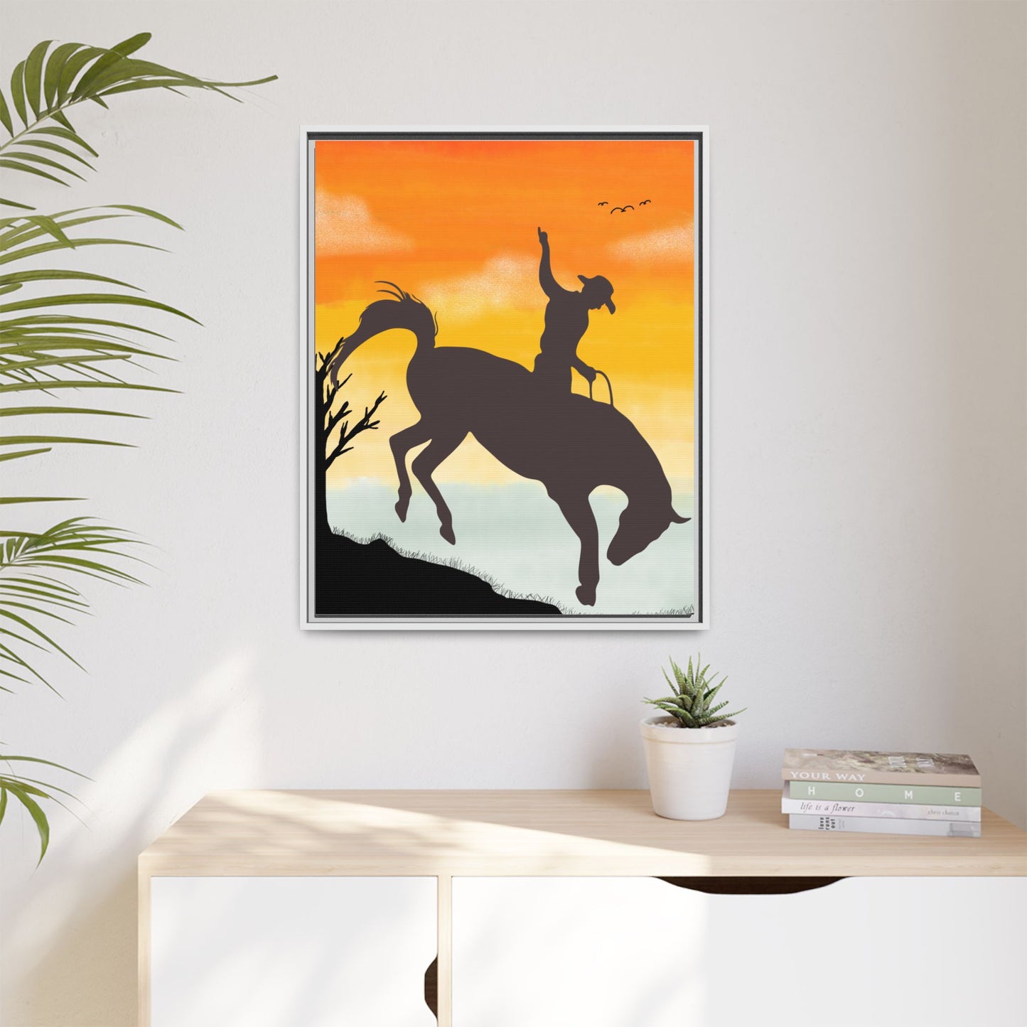 Framed Cowboy Sunset Canvas Art Equestrian Decor Farmhouse Wall Art Rustic Home Decoration Gift for Horse Lovers Rodeo Decor Housewarming Gift
