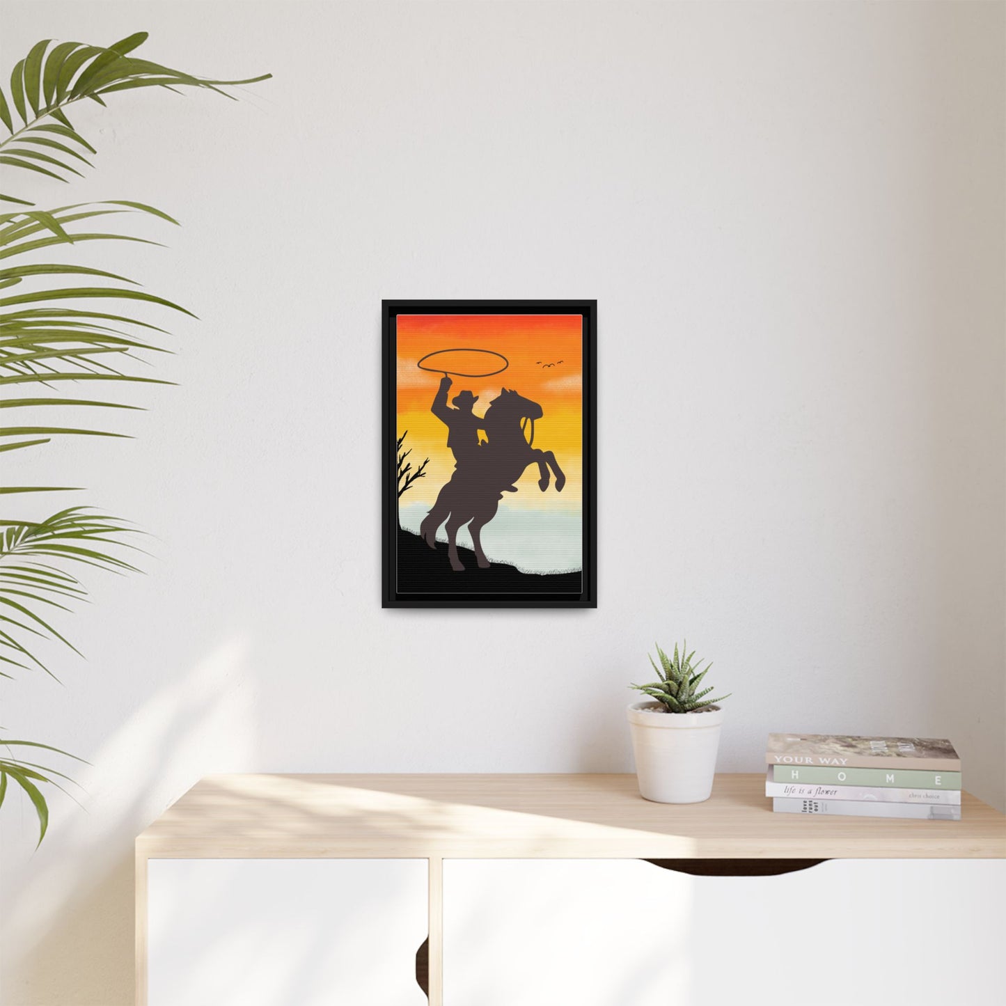 Framed Canvas Art Print Western Home Decor Rustic Wall Art Gift for Cowgirl or Cowboy Country Housewarming Rodeo Home Decor Cowboy Sunset