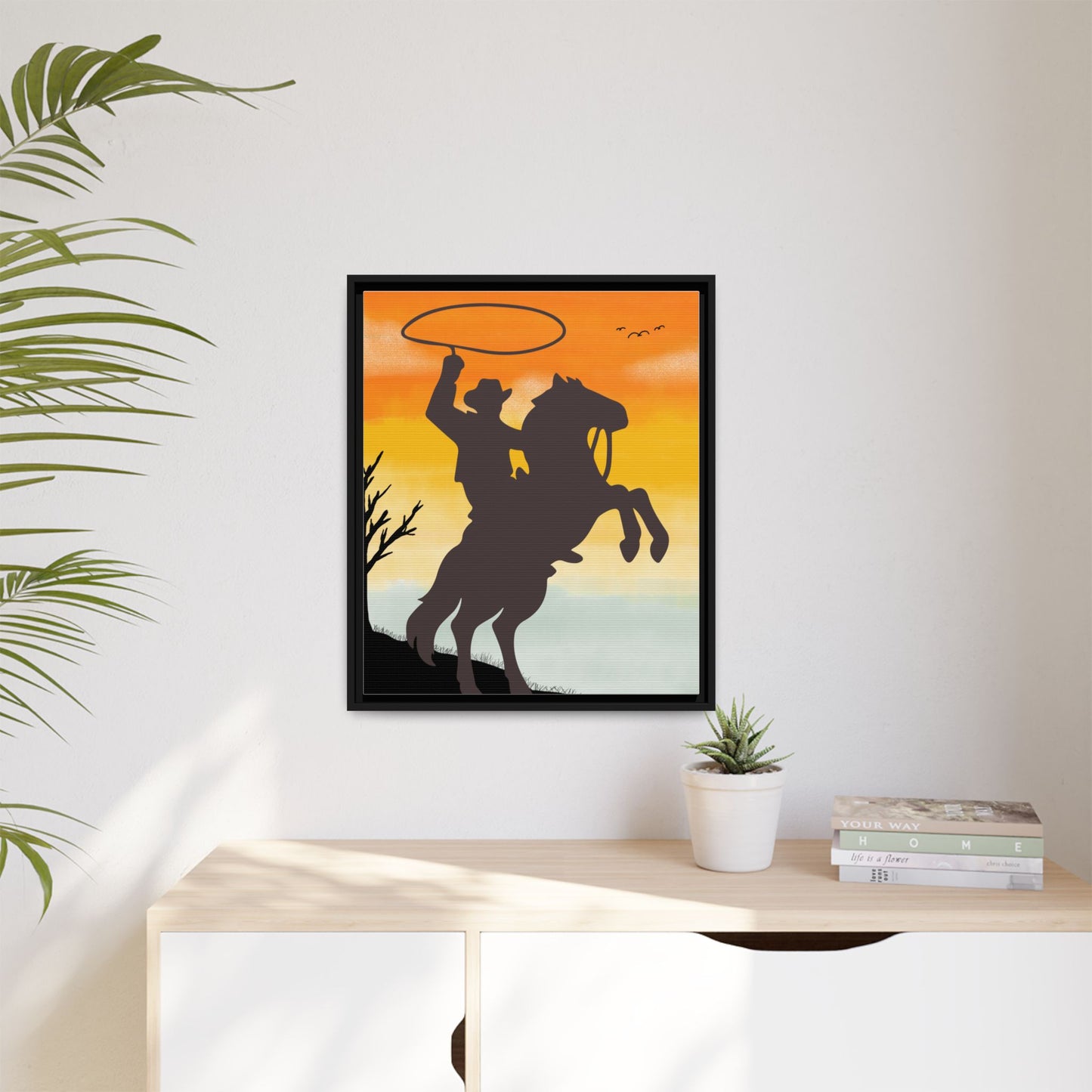 Framed Canvas Art Print Western Home Decor Rustic Wall Art Gift for Cowgirl or Cowboy Country Housewarming Rodeo Home Decor Cowboy Sunset