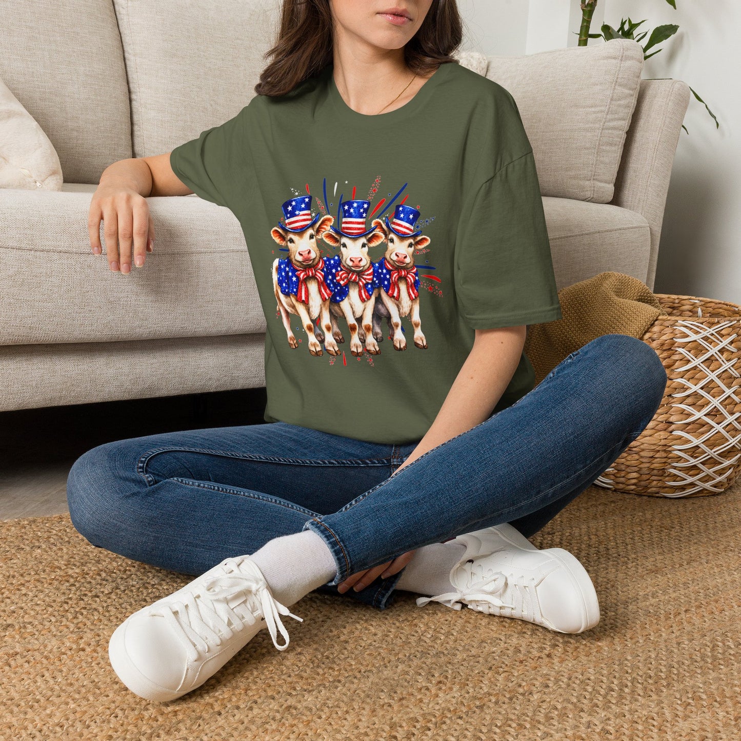 American Patriotic Cows T-Shirt — 4th of July Cow Trio in Uncle Sam Hats