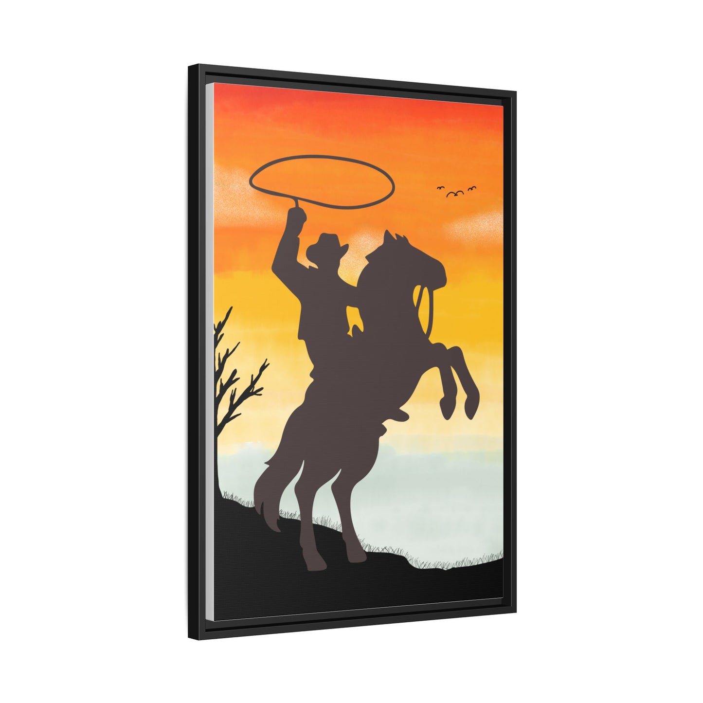 Framed Canvas Art Print Western Home Decor Rustic Wall Art Gift for Cowgirl or Cowboy Country Housewarming Rodeo Home Decor Cowboy Sunset