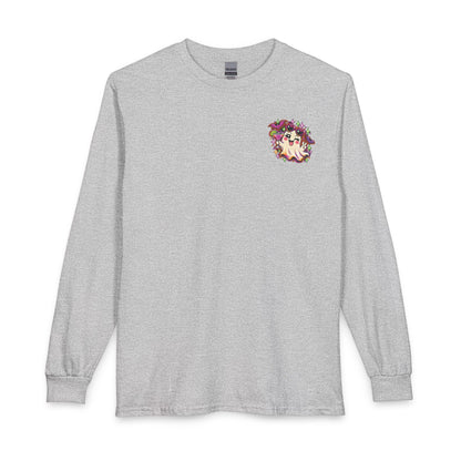 Halloween Long Sleeve Tee — "Just Here for the Boos" Ghost Party Shirt