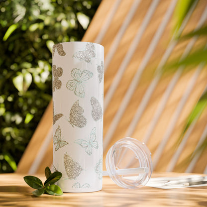 Tumbler Travel Butterfly Design Skinny Tumbler with Straw - 20oz, Stylish Drinkware for Nature Lovers Gift for Anyone