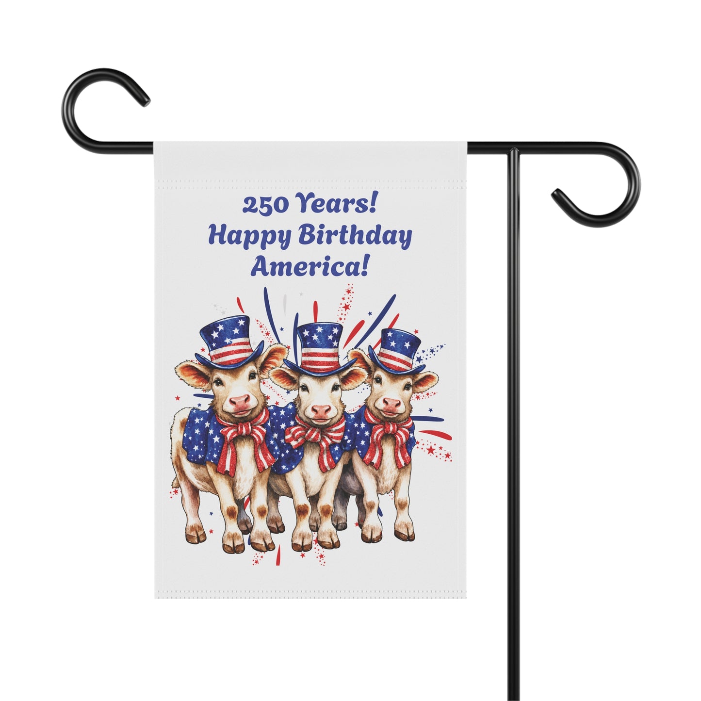 Garden Flag – 250 Years! Happy Birthday America! Patriotic Cows Outdoor Banner