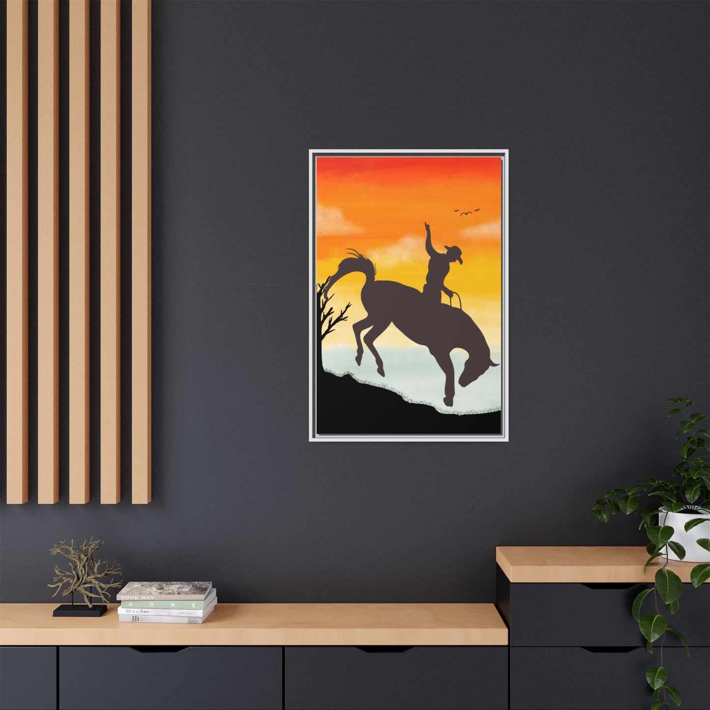 Framed Cowboy Sunset Canvas Art Equestrian Decor Farmhouse Wall Art Rustic Home Decoration Gift for Horse Lovers Rodeo Decor Housewarming Gift