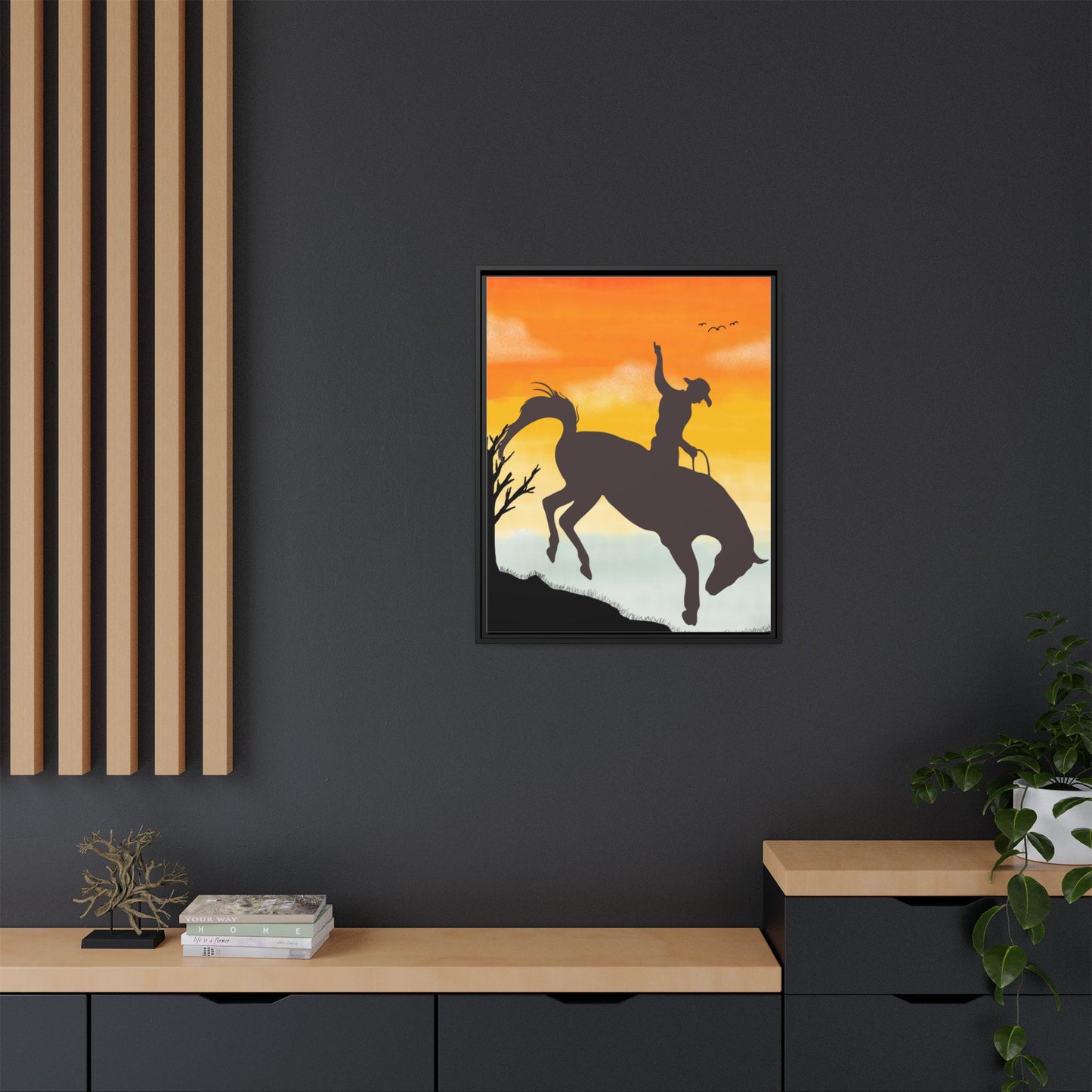 Framed Cowboy Sunset Canvas Art Equestrian Decor Farmhouse Wall Art Rustic Home Decoration Gift for Horse Lovers Rodeo Decor Housewarming Gift