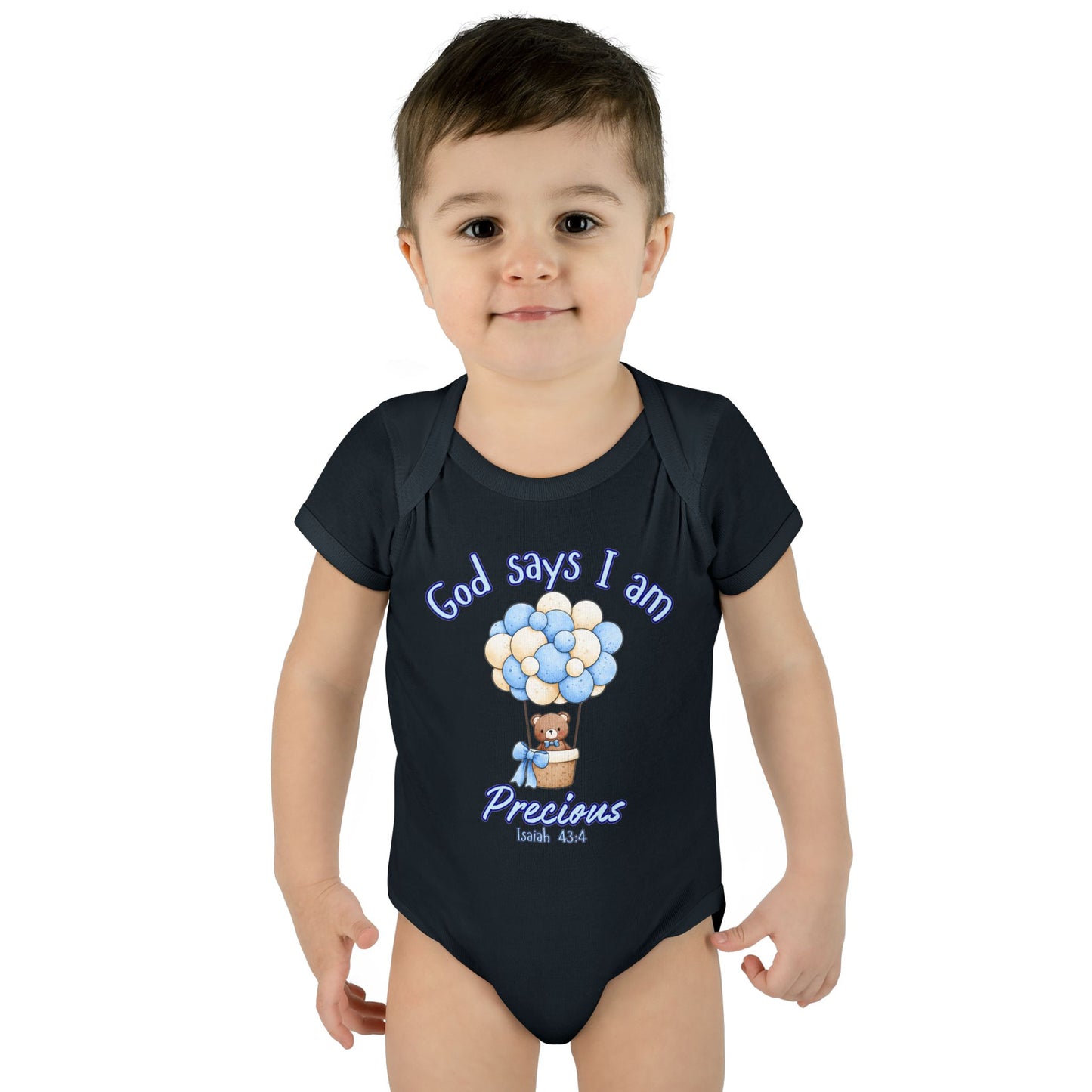 Baby Bodysuit - "God Says I Am Precious" Blue Balloon Teddy Infant Bodysuit