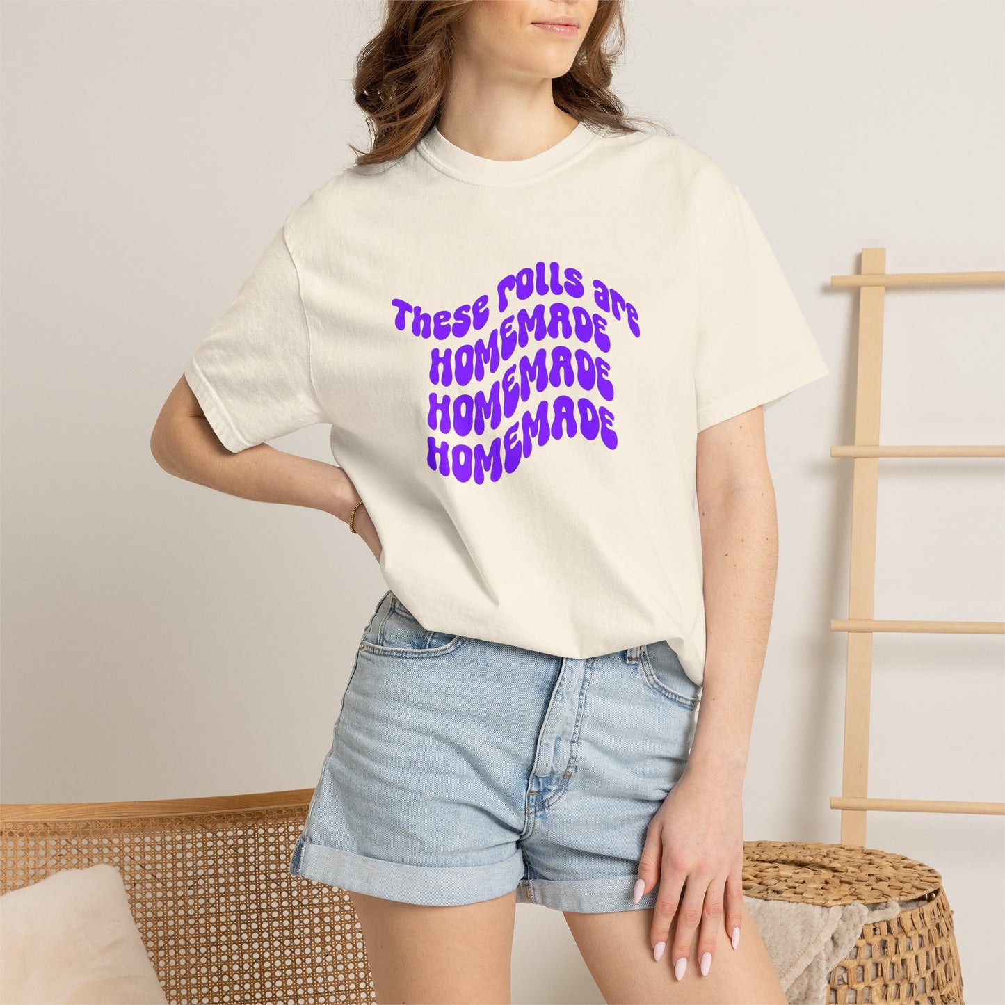 T-Shirt — "These Rolls Are Homemade" Retro Wavy Text Graphic Tee